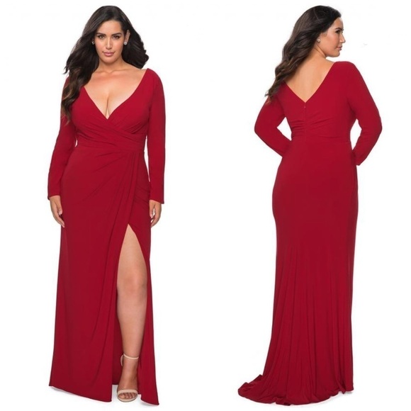 LA FEMME 29044 RED LONG SLEEVE STRETCH FAUX WRAP SURPLICE THIGH HIGH SLIT GOWN - Picture 1 of 14